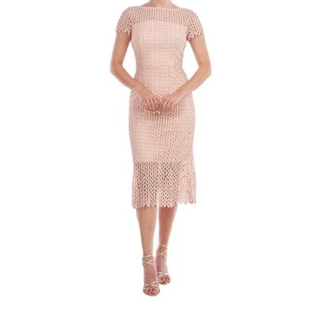 Kay Unger Soft Blush Pink Tatum Floral Lace Midi Dress
